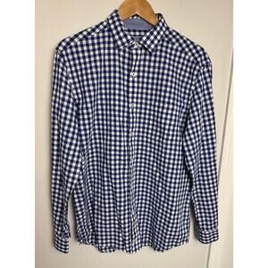EUC Johnston Murphy Textured Cotton Dress Shirt Mens L Blue Check Plaid Button